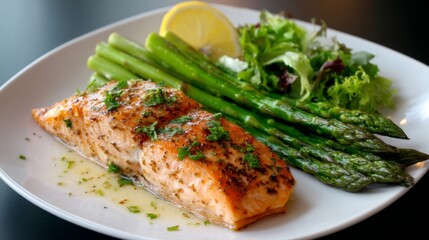 Fresh Grilled Salmon with Asparagus and Green Salad on Plate
