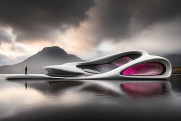 Futuristic structure on water, dramatic sky