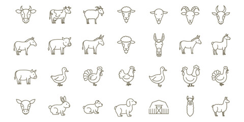 Livestock Animals Thin Line Vector Icons Set Collection	