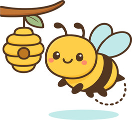 Cute Chibi Bee Flying Toward Hanging Beehive – Flat Vector Cartoon for Kids and Nursery Design