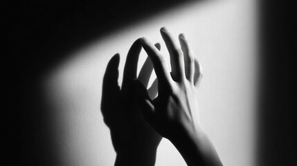 A striking monochrome image captures hands interacting with light and shadows on a wall.