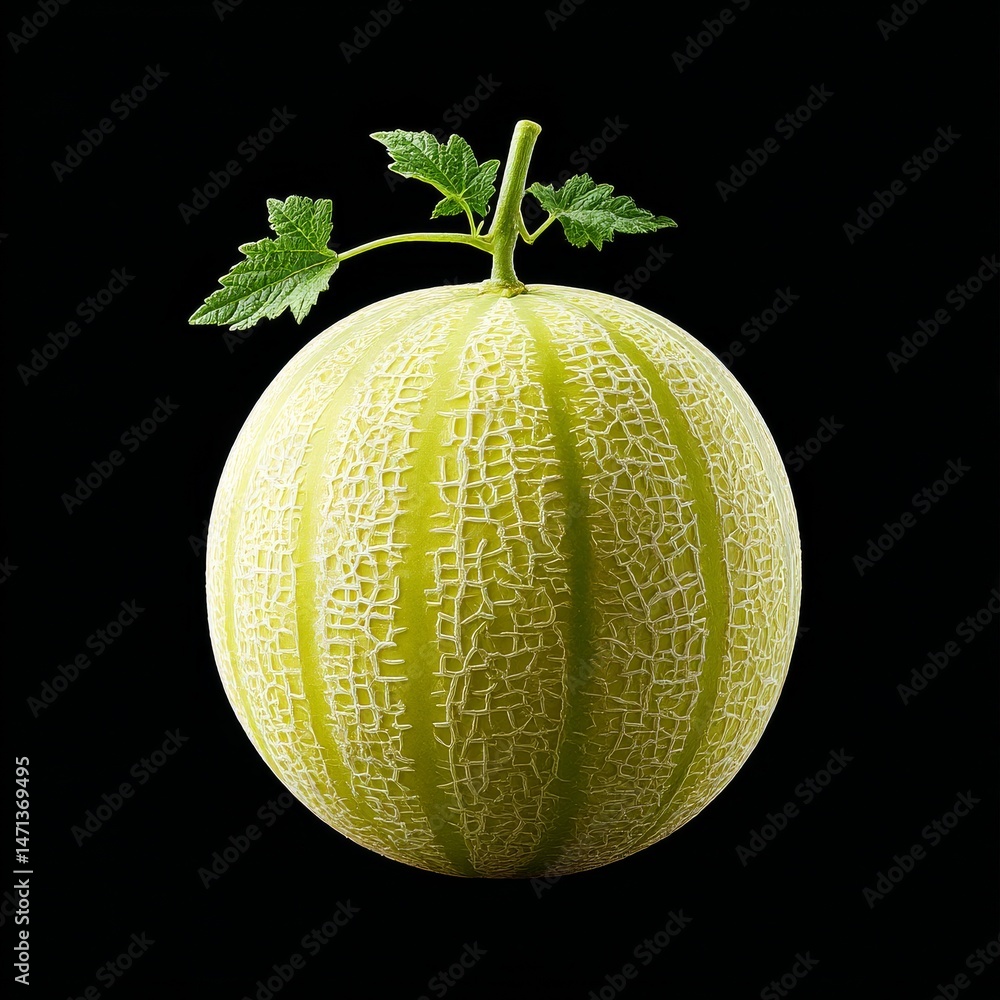Poster cantaloupe melon close-up with stem and leaves on a plain black background, sweet and refreshing sum