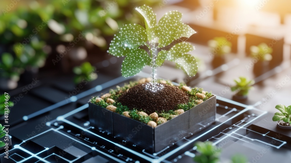 Poster a futuristic seedling grows in a technological planter box connected to a circuit board symbolizing 