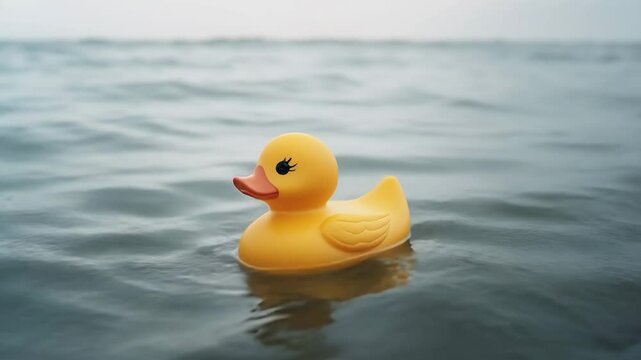 Yellow rubber duck floating on ocean waves