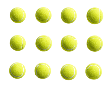 Overhead View of Twelve Yellow Tennis Balls on Transparent Background, PNG
