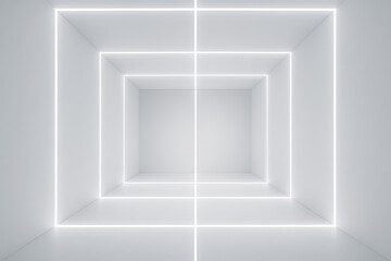 白い幾何学空間に交差する光のライン構成