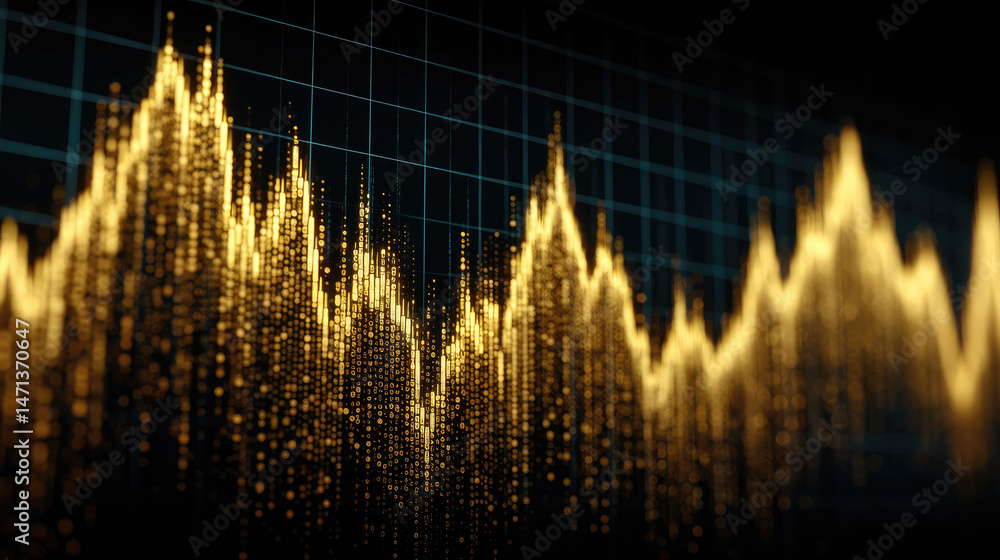 Poster dynamic financial data visualization with golden peaks and grid background.