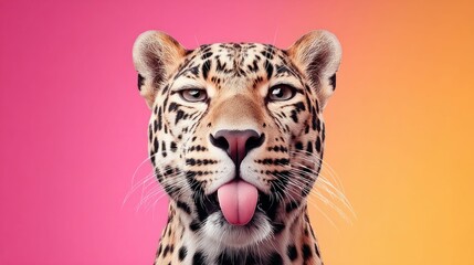 Obraz premium A charming leopard portrait with its tongue out, set against a colorful and vivid background.