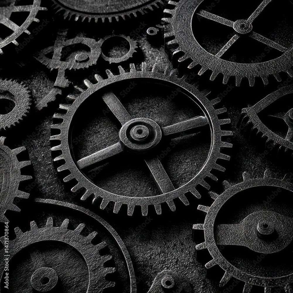Poster monochrome gears: a detailed look at interlocking cogwheels and their textured surfaces in a mechani