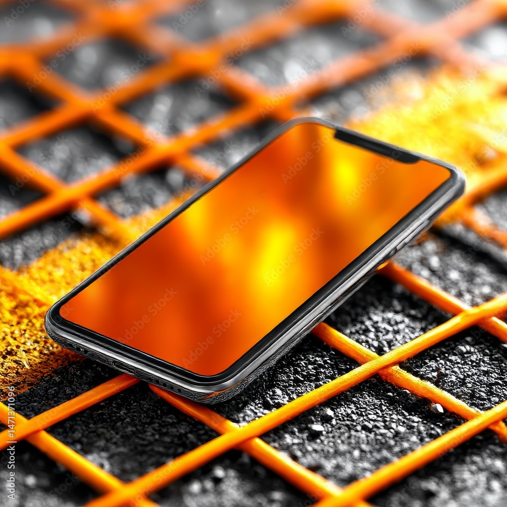 Poster orange glow: smartphone on a textured grate, highlighting technology and modern design with abstract