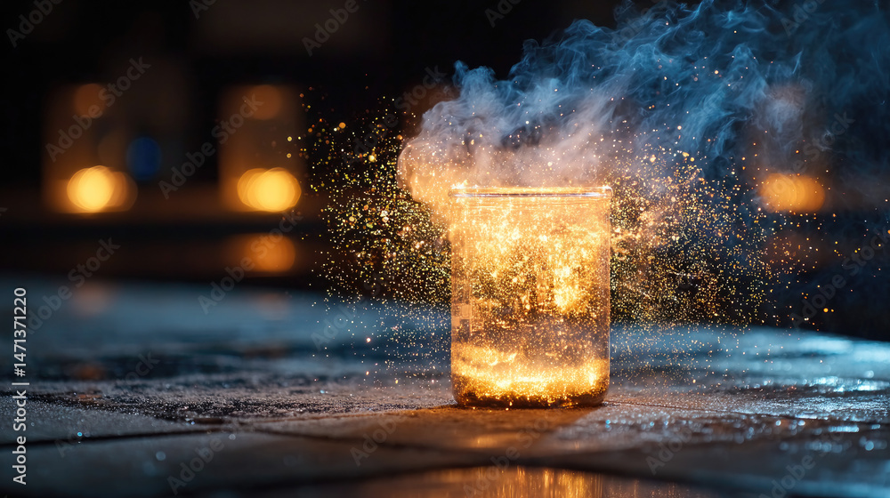Poster a glass jar releases splashes and steam, illuminated by soft bokeh lights in the background.