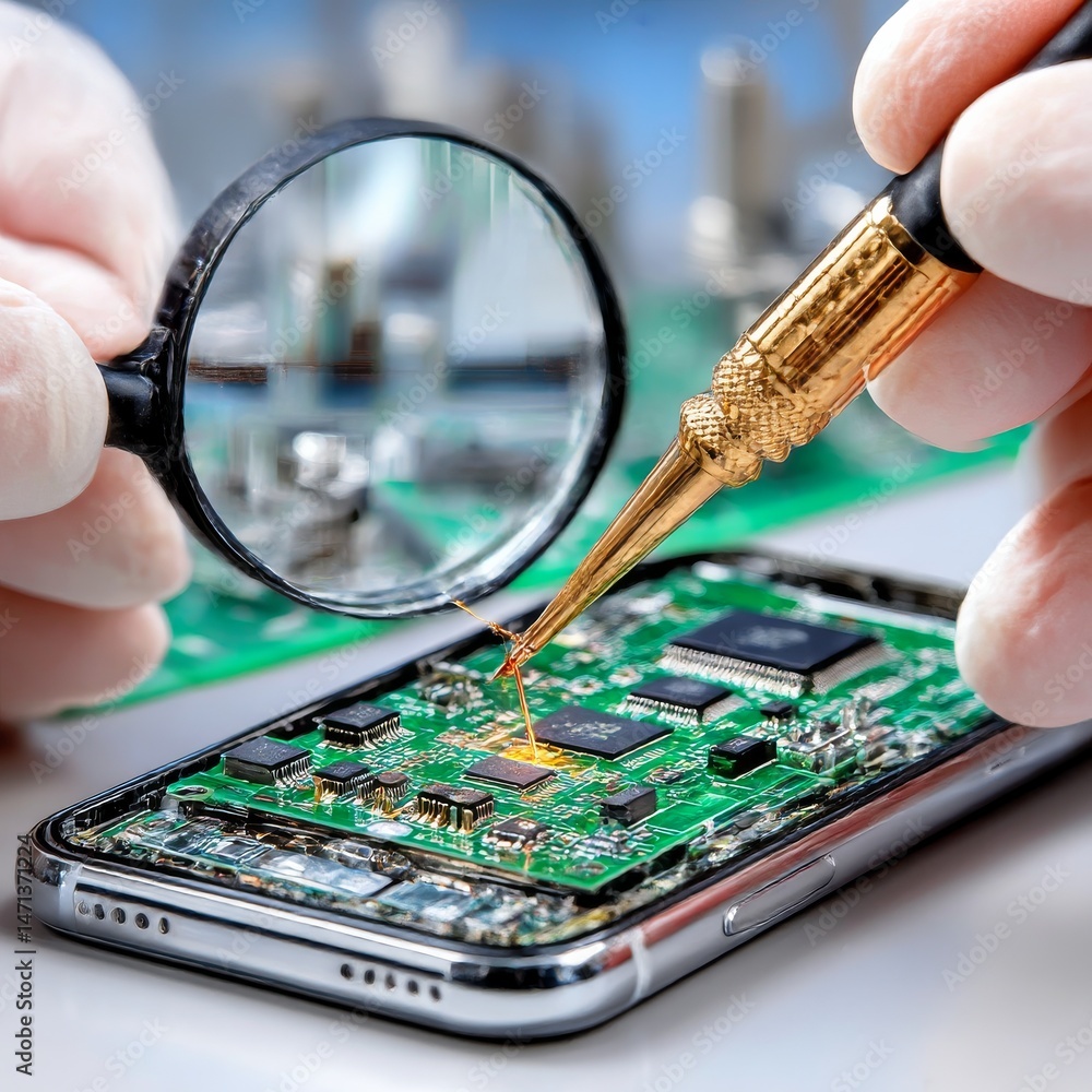 Poster repairing a smartphone: close-up of tech expert soldering components with magnifying glass for preci
