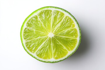 A bright, refreshing lime sliced in half, showing its juicy, green interior against a white backdrop