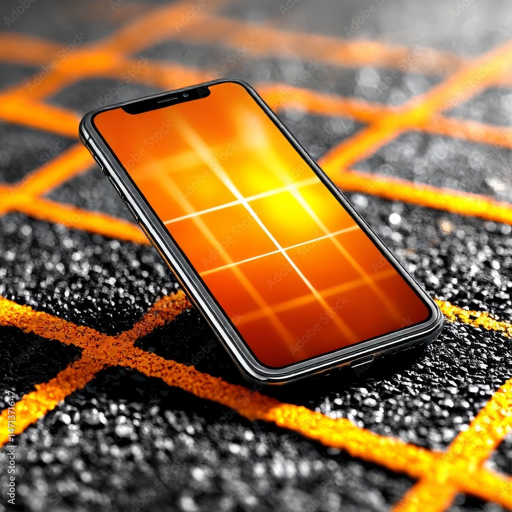 Leinwandbilder Smartphone on a Textured Surface with Abstract Orange Lines, Modern Tech meets Artistic Design and Unique Background.