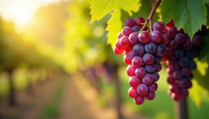 Sun-drenched bunches of ripe grapes hanging from a vine, ready for harvest , vineyard landscape, leaf