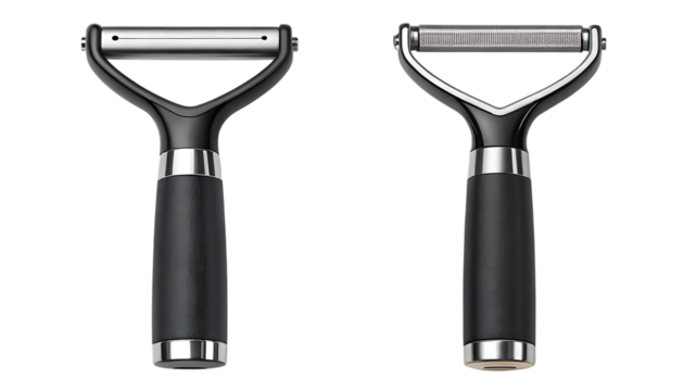 Two vegetable peelers: y peeler and julienne peeler on transparent PNG background