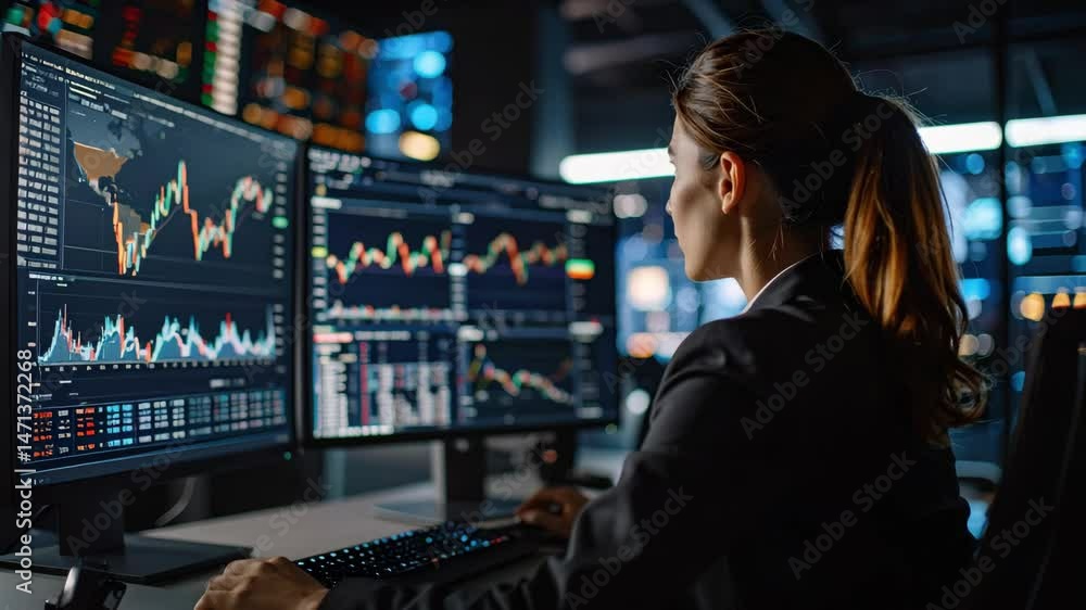 Poster crypto investor focused on financial chart analysis and trading on multiple computer screens showing
