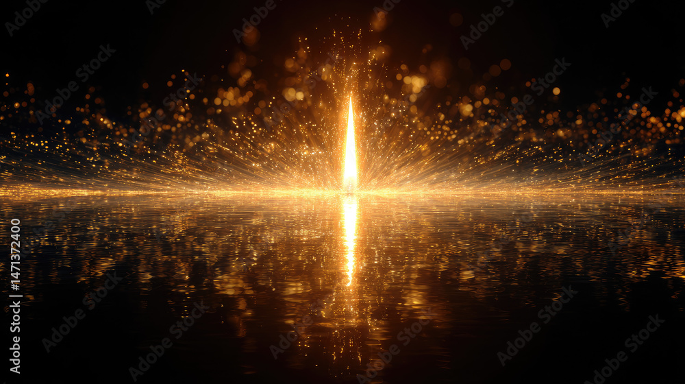 Poster radiant explosion of light reflecting on water's surface, creating a mesmerizing visual display.
