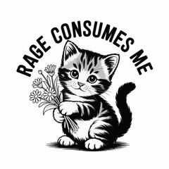 Black and White Vintage Style Kitten Illustration with Humorous Text 