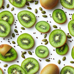 Fototapeta premium Seamless pattern of fresh kiwi slices and seeds scattered on a white background in a playful summer style. --tile 