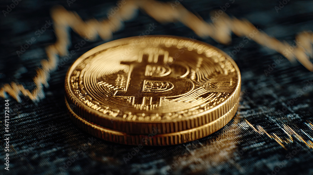 Poster golden bitcoin coin on a textured surface with fluctuating graph lines in the background.