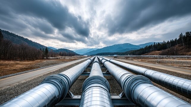 Several parallel pipelines run through a landscape with mountains and an overcast sky.