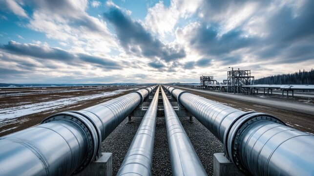 Expansive view of parallel pipelines traversing across a rural area under a vast sky.