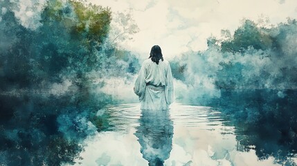 Jesus Christ Baptism River Water Spiritual Faith Christian Art Painting Artwork