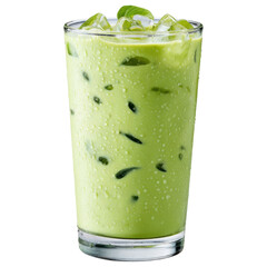 isolated transparent Background. Iced matcha latte in clear glass with condensation and ice cubes, refreshing cold drink