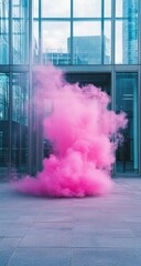 Pink smoke cloud in front of modern glass building
