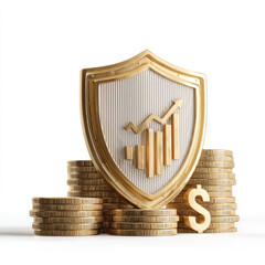 A golden shield with a financial graph on top of stacked coins.