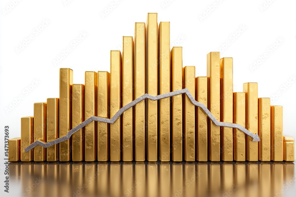 Poster golden bars with a fluctuating line graph represent financial data trends and market performance.