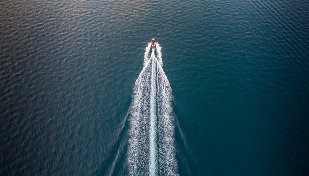 Aerial view of a motorboat proceeding at high speed, ploughing through the sea and leaving a wake behind