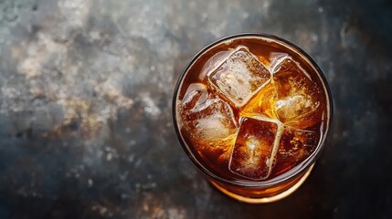 A refreshing glass of iced coffee with ice cubes is presented from above on a dark textured surface, creating an inviting beverage shot on a warm summer day.