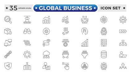 Global Business outline Icon Collection Glyph Color Style. marketing, economy, transaction, business service, leadership, and commission agent. Editable stroke outline icon.
