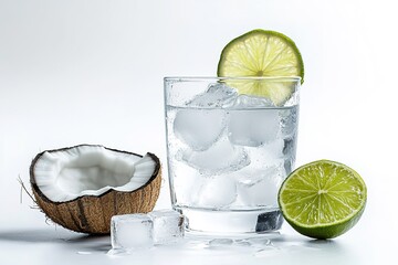 A clear glass of coconut water with ice cubes and a slice of lime, isolated on a pure white surface