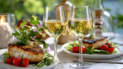 Elegant Dining Experience with Fish and White Wine in Nature