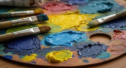 Obraz premium Artist's palette with vibrant colors and paintbrushes