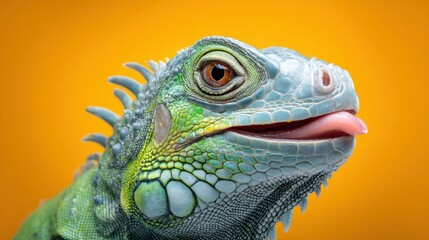 Fototapeta premium A striking portrait captures the intricate details of a green iguana with an open mouth and tongue.