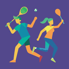 Dynamic Duo Man and Woman Playing Squash, Colorful Illustration