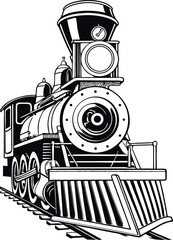 Black and White Steam Locomotive Vintage Illustration   Retro Train Front View Art © Safwan Creatives
