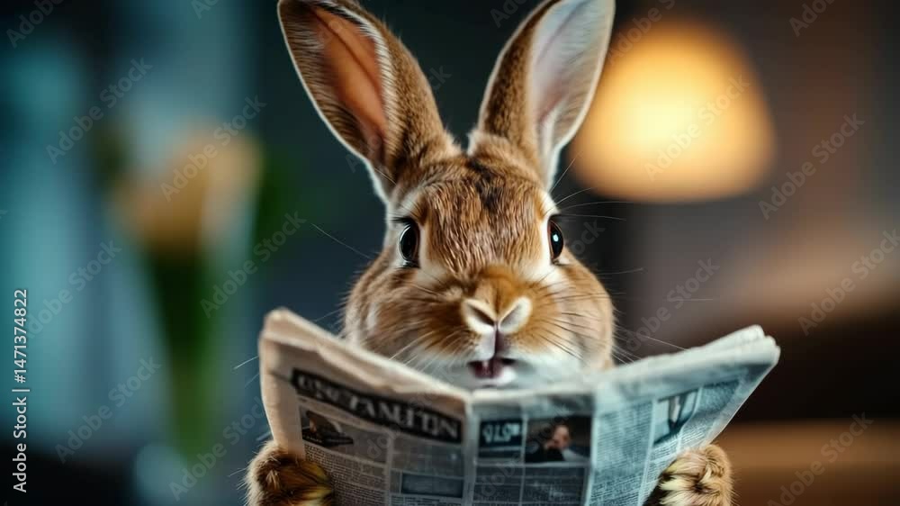 Poster rabbit is reading a newspaper. the rabbit is looking at the paper with a serious expression. concept