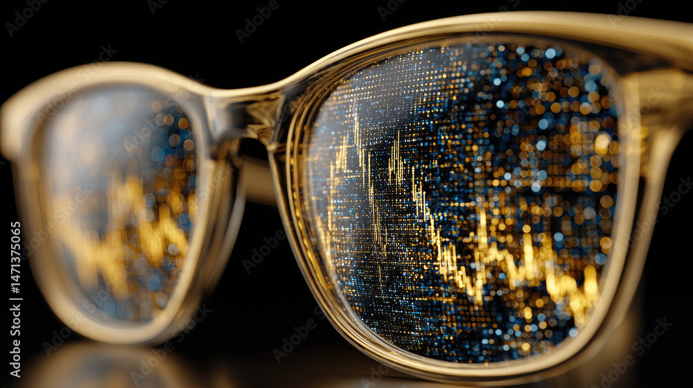 Poster stylish glasses reflecting colorful data visualizations and patterns.