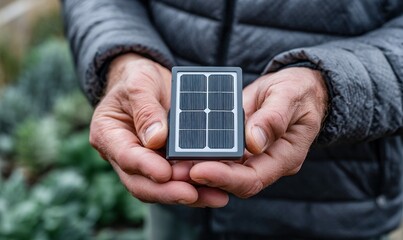Hands cradle a small solar panel, representing green energy and technological advancement.