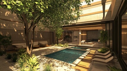 Obraz premium Luxury Modern Courtyard Oasis: Serene Poolside Retreat