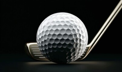 Close-up of a golf ball and club, captured in a studio setting against a dark background.