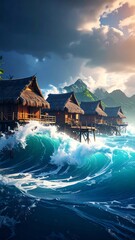 Obraz premium Tropical paradise houses on stilts meet powerful turquoise waves in a vibrant island landscape