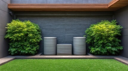 Naklejka premium A beautifully designed outdoor space features plants, stone planters, and lush green grass.