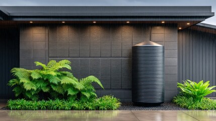 A sleek, modern house showcases a rainwater tank with lush greenery in a rainy outdoor setting.