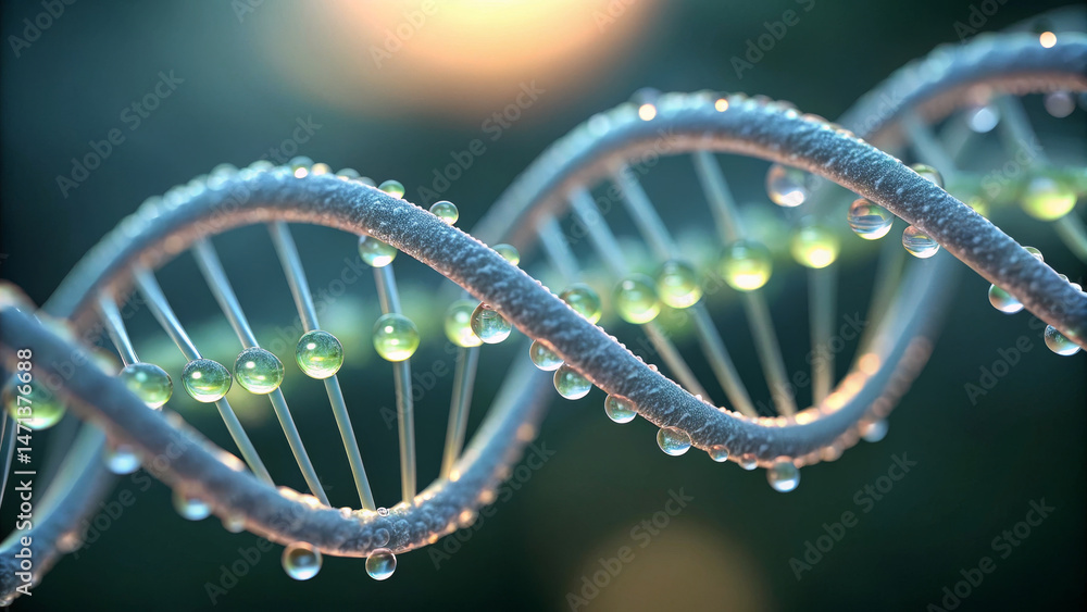 Poster biolabs concept ,close up view of dna double helix structure with water droplets, showcasing its int
